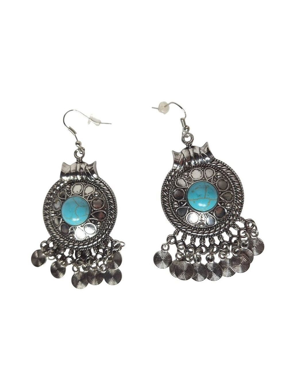 Turquoise Silver Coin Dangle Earrings Boho Tribal